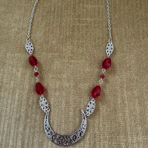 Elegant Silver and Red Crescent Moon Necklace